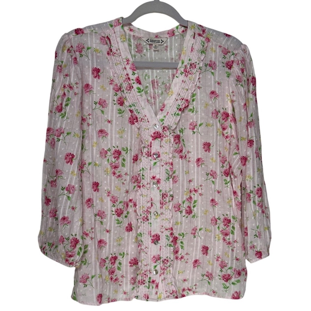 Nanette Nanette Lepore Pink Floral Swiss Dot Lace Trim Blouse XL Womens Rose Top